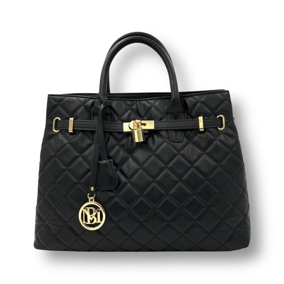 New Badgley Mischka Black Middle Diamond Quilted Tote Bag Gold Front Lock Retro - Picture 1 of 7